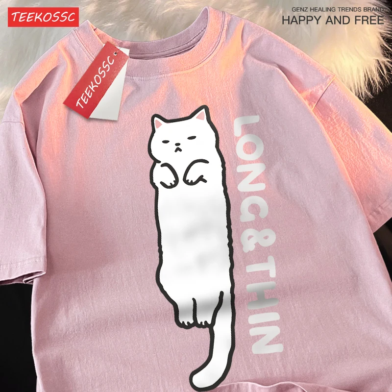 Family T Shirt Fun Slender White Cat Print Tshirt Cotton Cool Street Oversized Tee Clothes Fashion Breathable Family Tshirt