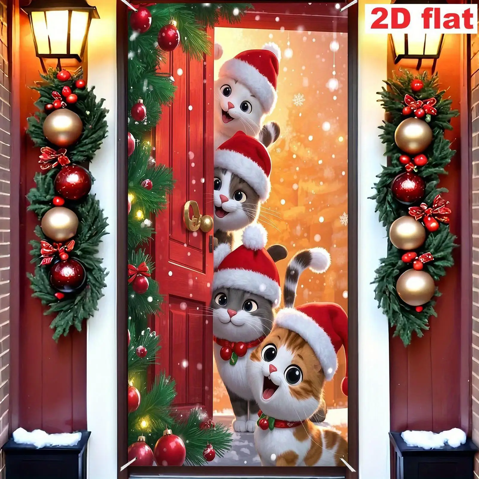 Front Door Christmas Cover Festive Reusable Cute Home Decor Four Cats Christmas Door Banner Holiday Decor For Indoor Outdoor