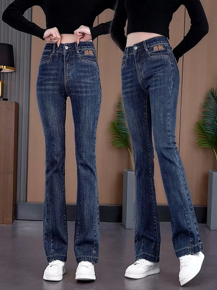 

Retro Embroidered Bell Bot Jeans High Waist Slimming Elastic ort plus Size Women's Long Pants Autumn New Sle