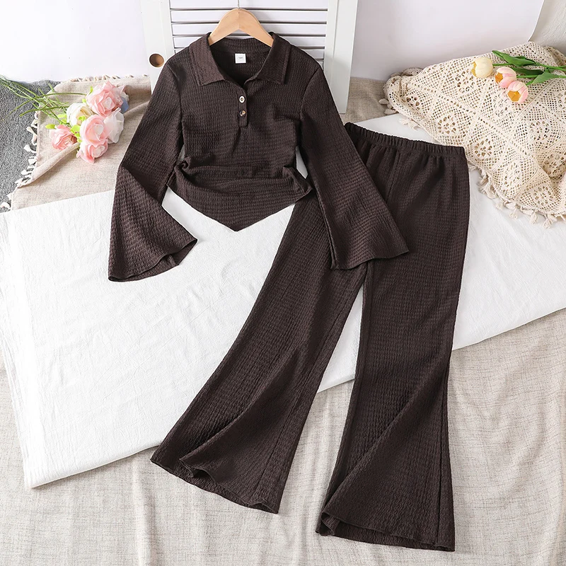 Elegant Waffle Textured 2 Piece Suit for Girls 8-12, Spring Autumn Lapel Long Sleeve Top & Flare Trousers Outfit