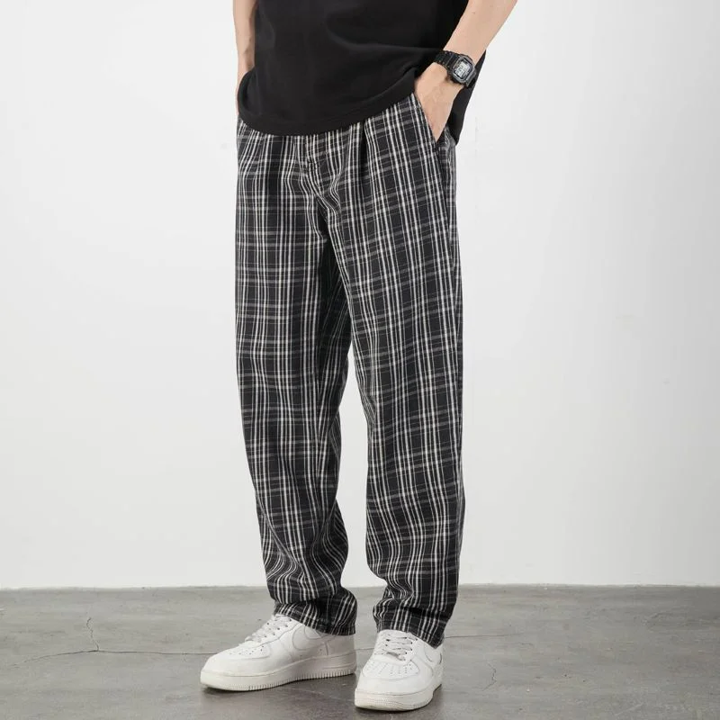 Spring Summer New Loose Black Checkered Casual Pants Men's Elastic Waist Patchwork Pockets Versatile Straight Wide Leg Trousers