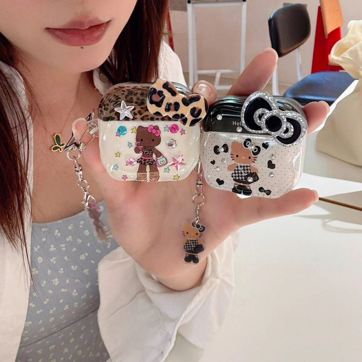 

Leopard Print KT Cat Earphone Case for Airpods Pro3 Protective Cover Earphone Case for Airpods 4 3 2 1 Accessories with Pendant