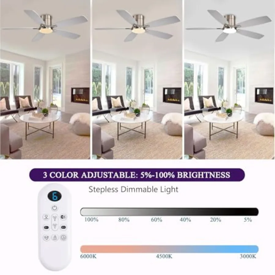 52 inch Ceiling Fans with Lights for Bedroom Indoor/Outdoor Use, Nickel Flush Mount Ceiling Fan with Light and Remote/APP Contr