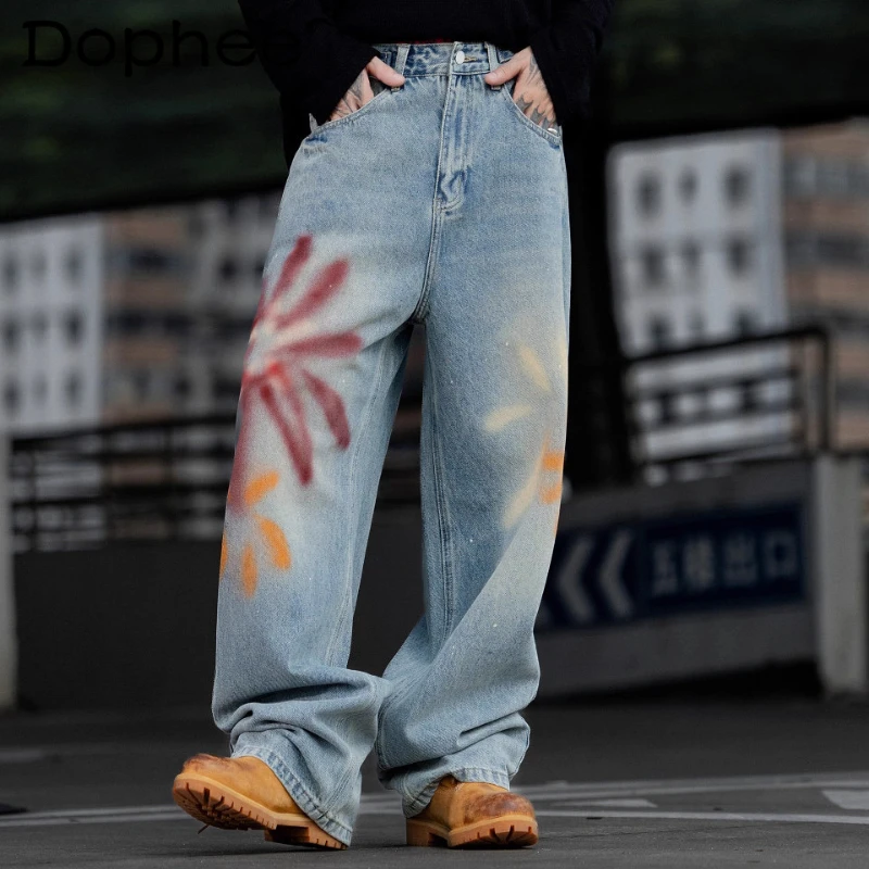 

Men's 2025 Autumn New Fashion Jeans Male Stylish Personalized Handsome Denim Pants Loose Graffiti Design Straight Denim Trousers