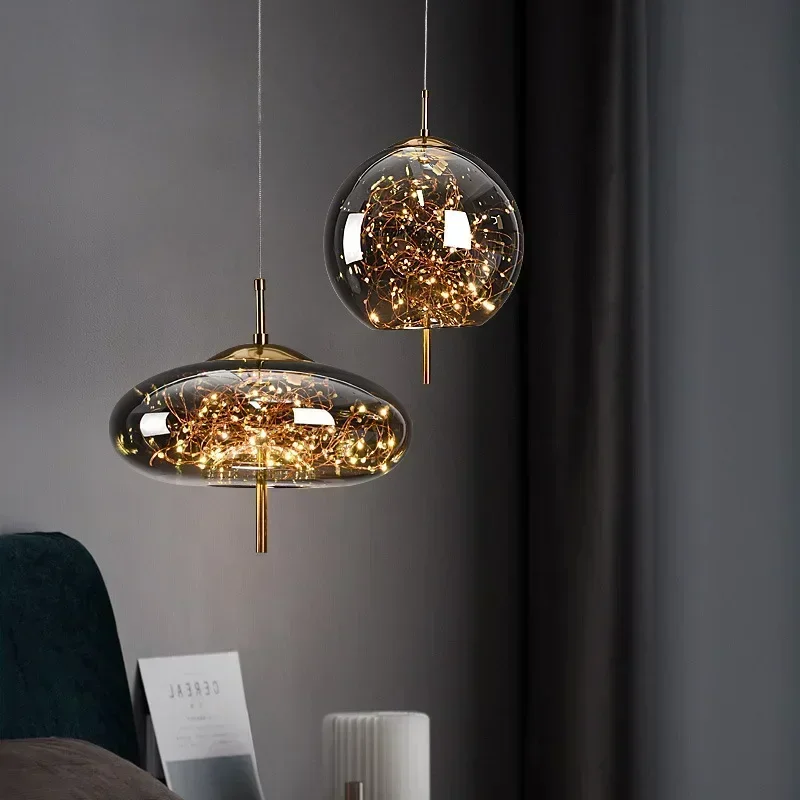 Nordic Internet Celebrity Bedside Chandelier New Light Luxury Long Line Personality Art Full Sky Star Hotel Glass Pendant Lights