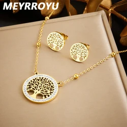 MEYRROYU 316L Stainless Steel Circular Hollow Tree Of Life Golden Necklace Earring Girl 2024 New Fashion Jewelry Set Party Gift