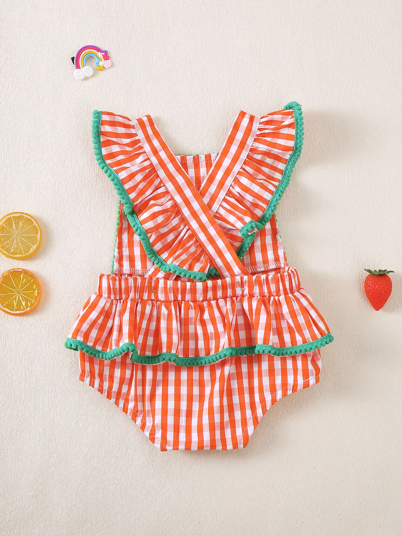 Baby Girl Summer Plaid Ruffle Trim Triangle Onesie Infant Clothing Snap Button Closure Overall Outfit for Newborns