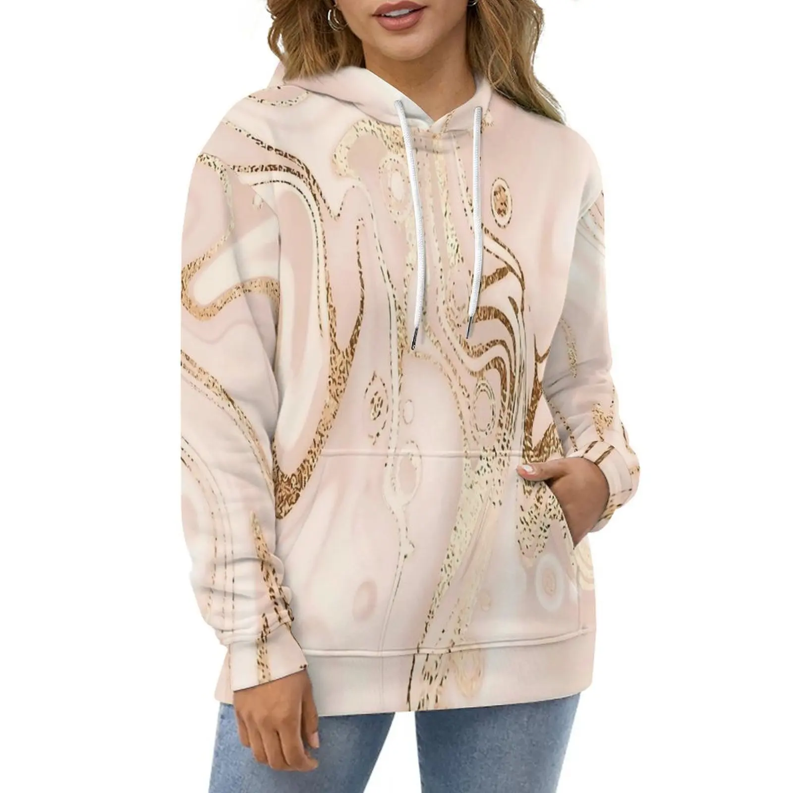 Rose Gold Marble Print Hoodies  Harajuku Oversized Hoodie Woman Long Sleeve Elegant Pattern Casual Sweatshirts