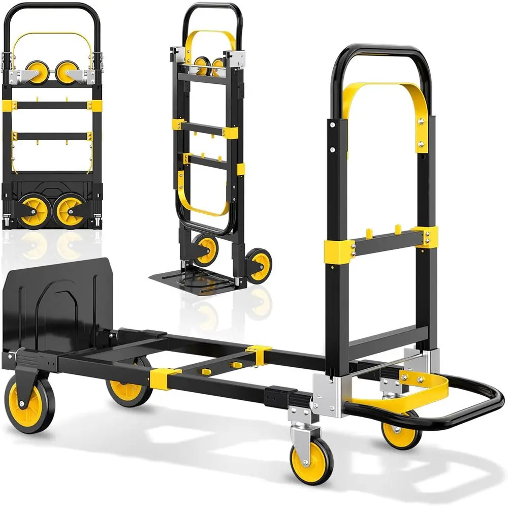 600LBS Capacity 3-in-1 Convertible Dolly Cart - Collapsible, Adjustable, Expandable for Warehouse and Office Use, Yellow