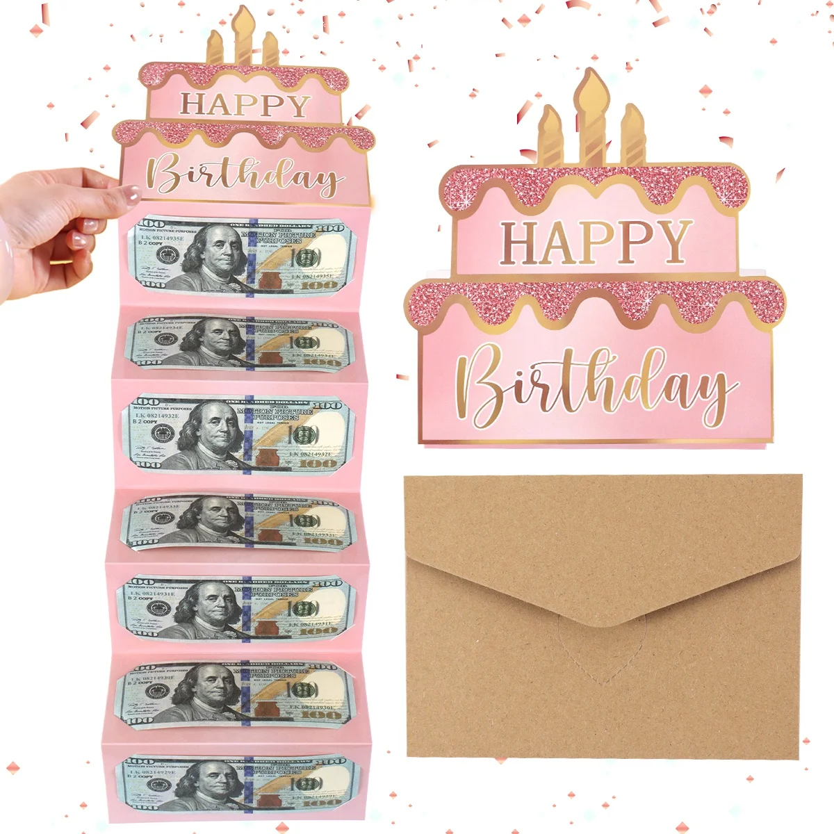 1 pièce Enveloppe cadeau d'anniversaire pour argent, motif gâteau rose, porte-billets pliable, pour fournitures d'emballage de fonds pour fête d'anniversaire