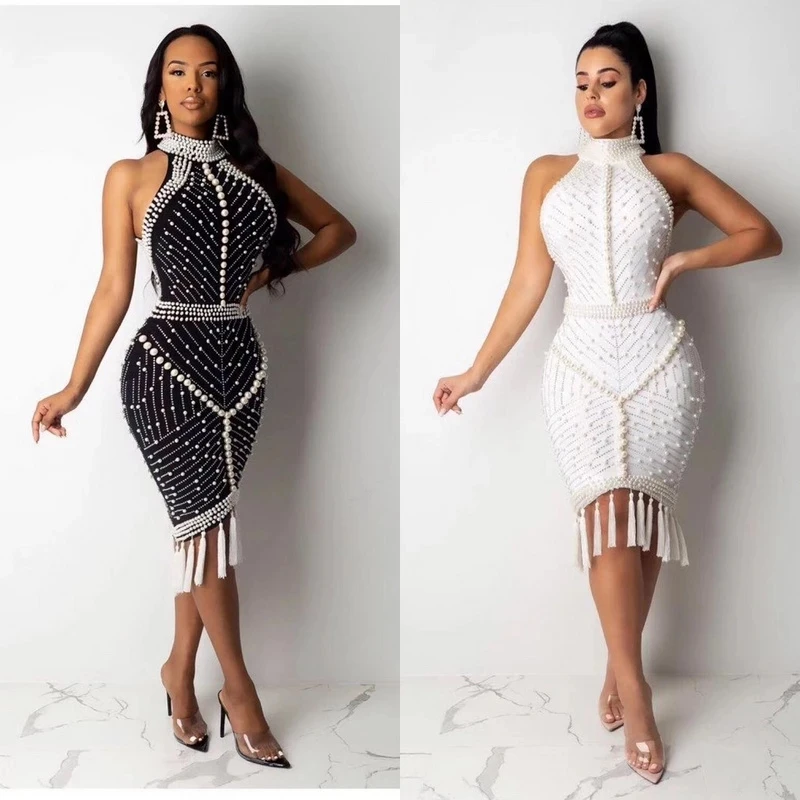 

Sexy Rayon Bandage Dress Celebrity White Black Tassel Beading Cocktail Party Nightclub singer performance costume