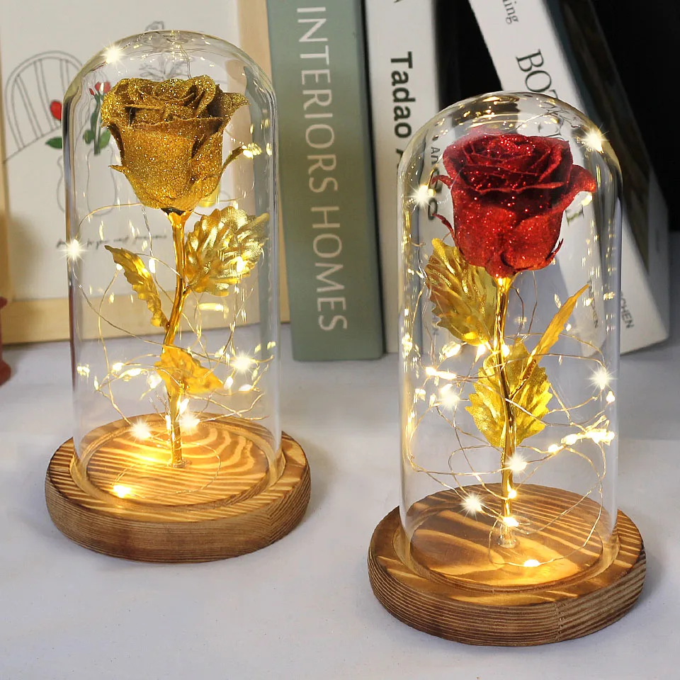 

New Christmas Gift Red Shiny artificial flower Rose Beauty and the Beast Rose In A Glass Dome String Light Valentine's Gift