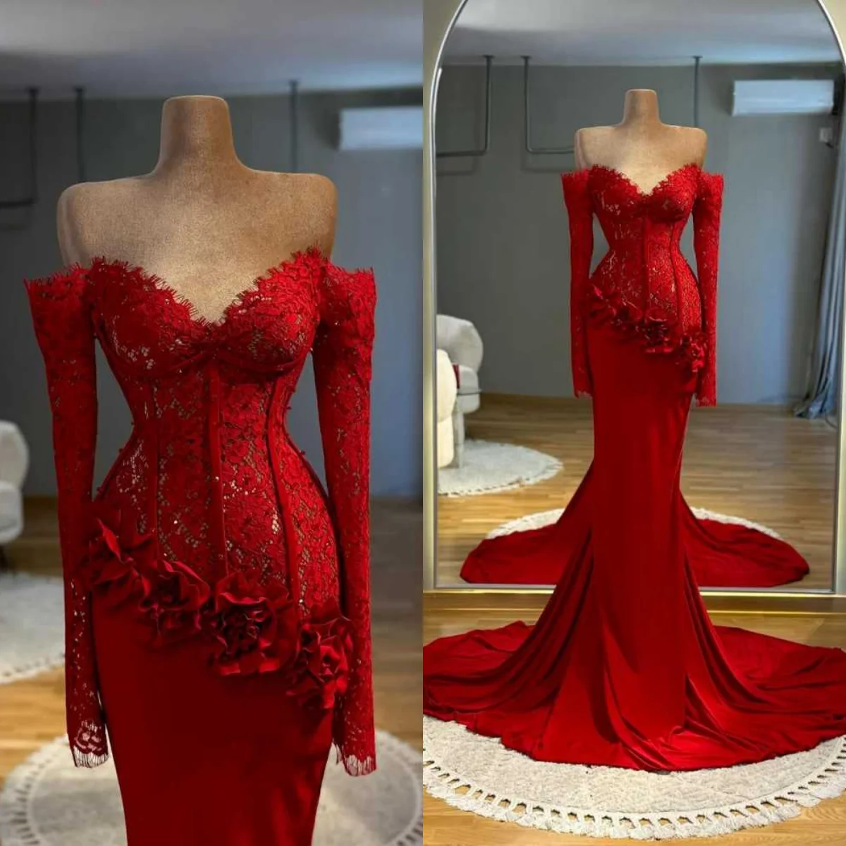 

Romantic Lace Mermaid Evening Dresses Off Shoulder Long Sleeve Prom Gowns 3D Flowers Engagement Party Customizedes