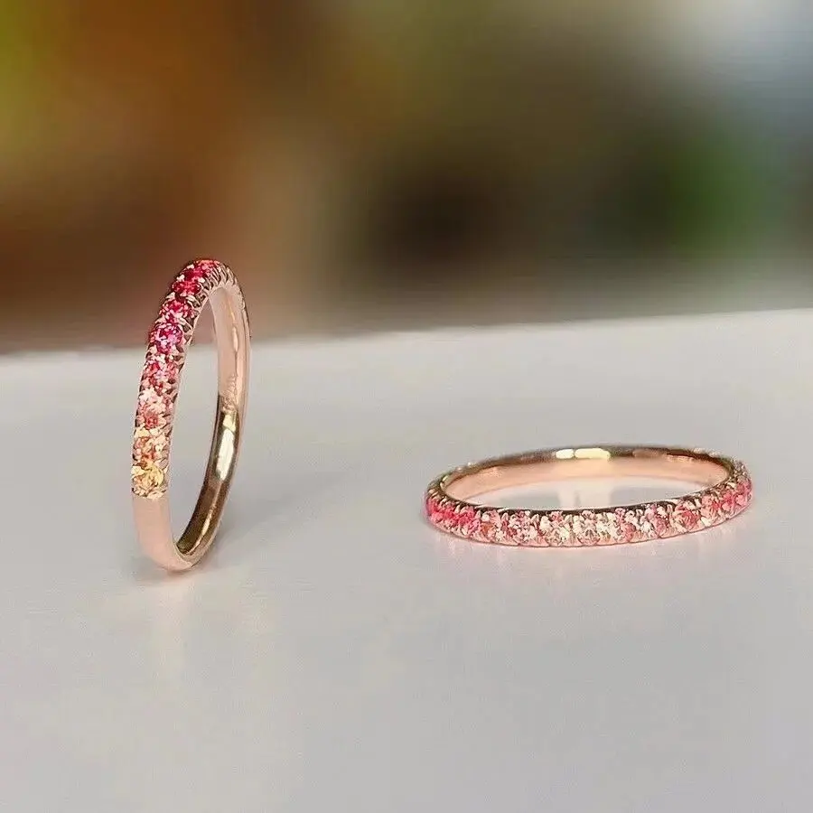 Anillo de eternidad de plata pura S925 con zafiro Papalacha y turmalina rosa, banda infinita para el dedo anular, joyería apilable para boda para mujer