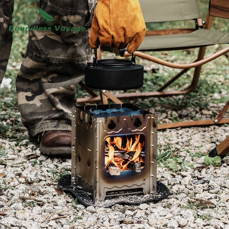 Boundless Voyage Outdoor Camping Titanium Removable Wood Stove With Pot Holder Portable Thickened Charcoal Burner Furnace