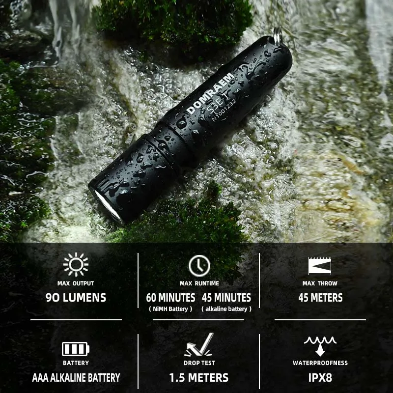 DOMRAEM-Mini lampe de poche EDC S3ESUltraBright, 90 lumens, étanche IPX8, lentille PMMA TIR, Compact Uto, lampe porte-clés