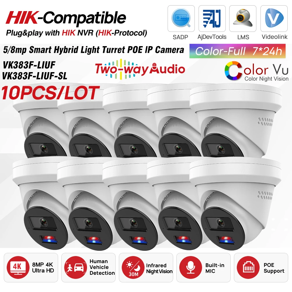 

10PC OEM Hikvision Compatible Turret IP Camera 5/8MP Smart Hybrid Lighting Two-way Audio MD2.0 Video Surveillance Home CCTV IP67