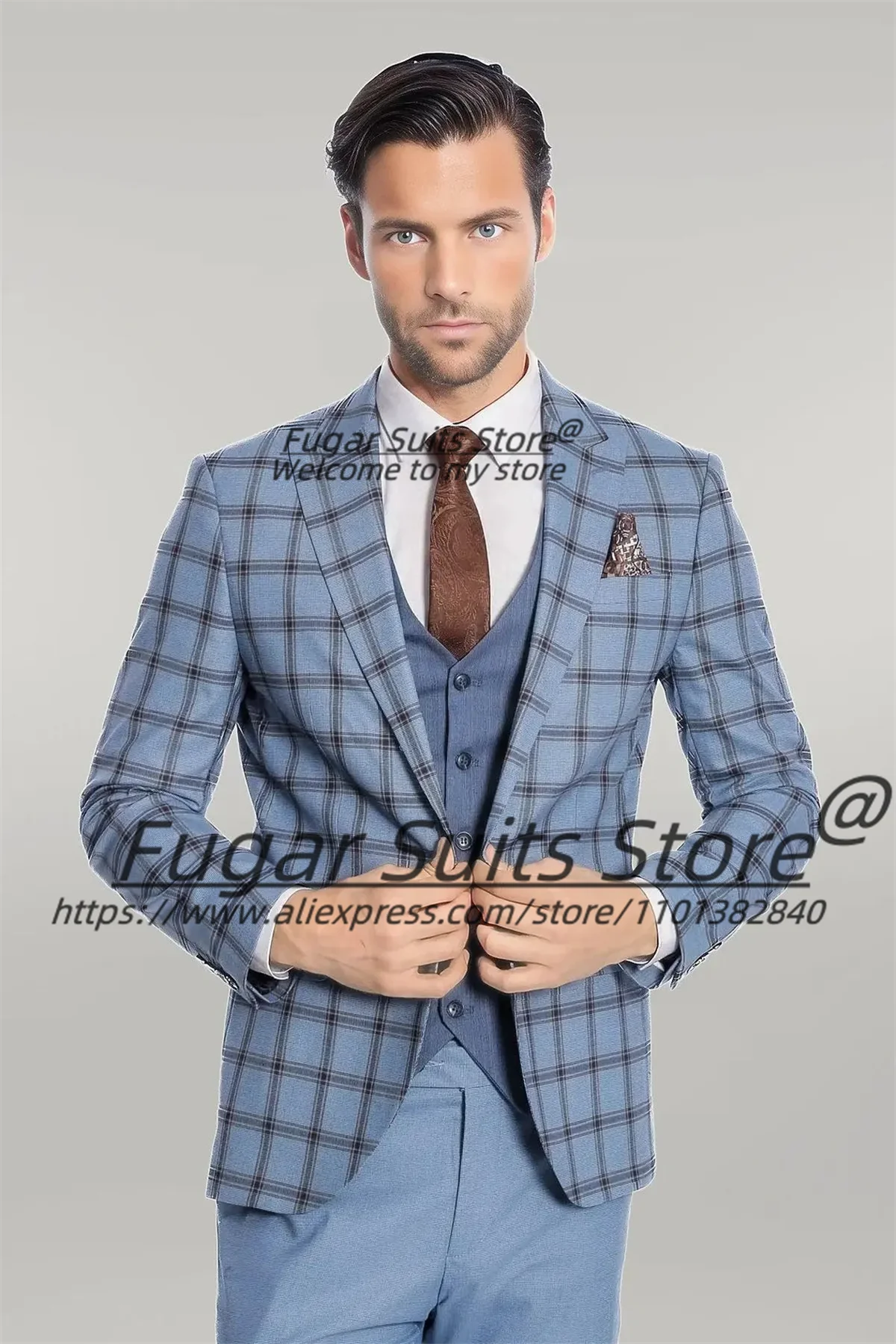 

Sky Blue Plaid Men Suits Customized Slim Fit Peak Lapel Groom Wedding Tuxedos 3 Pieces Sets Male Prom Blazers Costume Homme