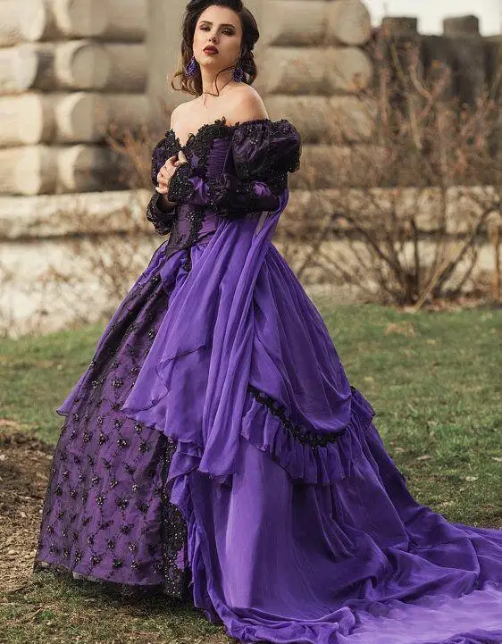 Medieval Gothic Purple Wedding Dress Off Shoulder Long Sleeve Corset Renaissance Lace Vestido De Novia Robes Mariée Customized