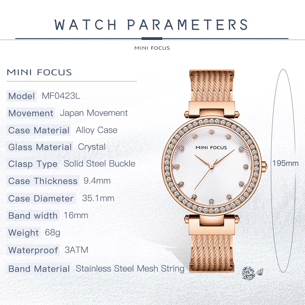 MINI FOCUS Crystal-encrusted Stainless Steel Band Watch for Women Elegant Quartz Wristwatch Luxury Ladies Watches часы 0423L