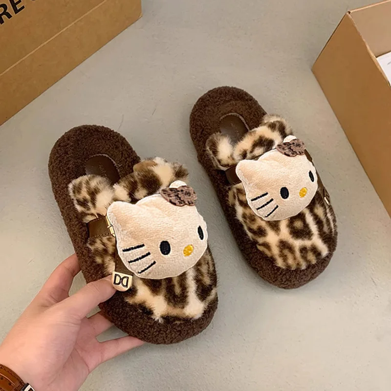 جديد الشتاء المرأة نعال من القطن ليوبارد طباعة مرحبا كيتي دافئ مريح باوتو المنزل المضادة للانزلاق مقاومة للاهتراء النعال