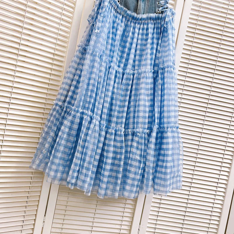 High-Grade Denim Stitching Gauzy Skirt Spring/Summer Lace-up Cake Plaid Skirts Large Swing A- Line Bubble Long Skirt for Student