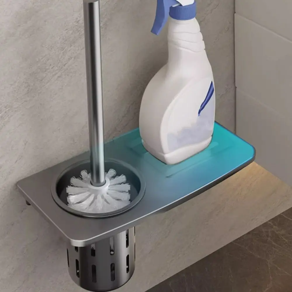 

Space Aluminum Toilet Brush Holder Set No Punching Anti-Drain Wall Mounted Toilet Brush Rustproof Bathroom Toilet Brush