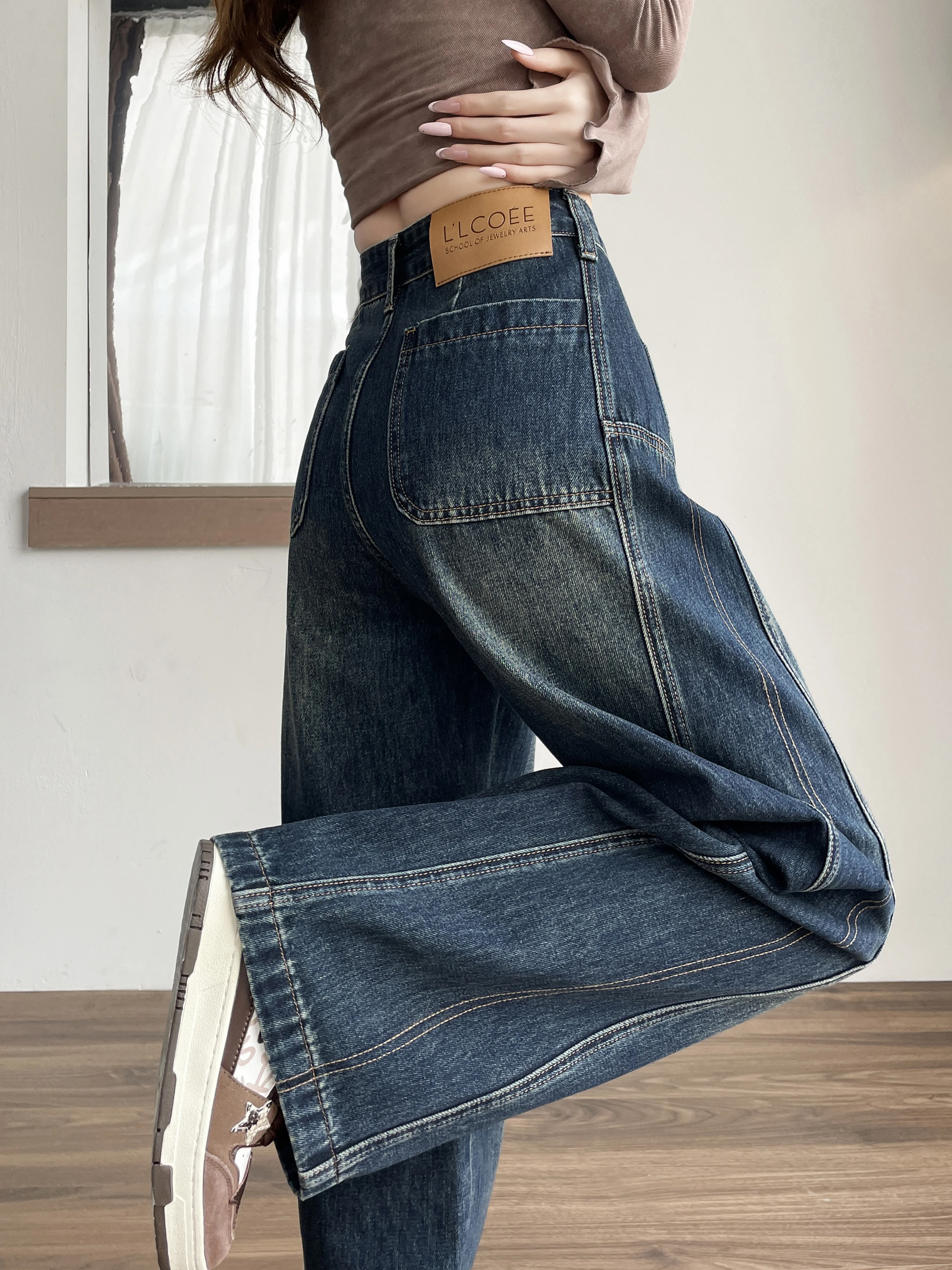 Thiened Fce ハイウエストベルボトムジーンズ女性冬新作スレブルーウェッドデニムルーズロングパンツ通勤ファション