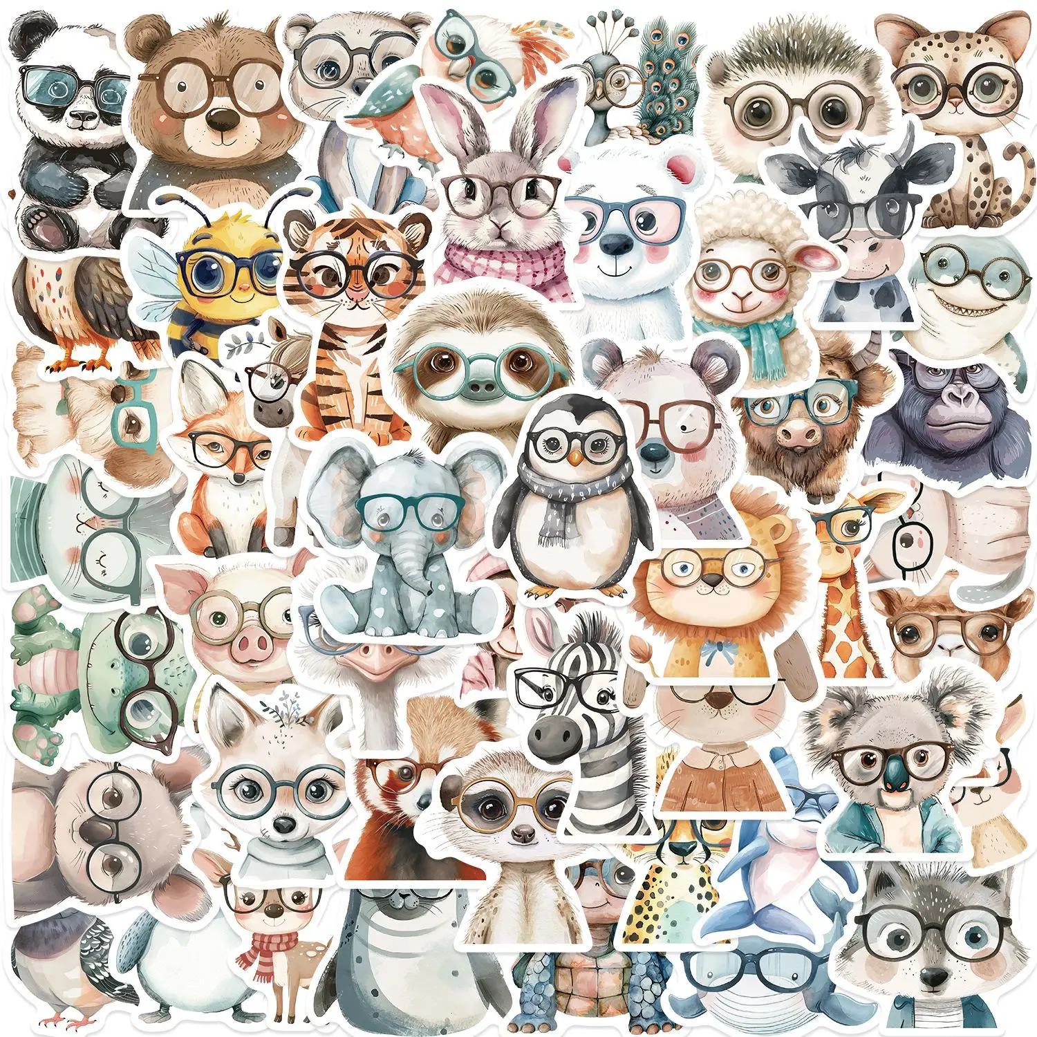 Autocollants animaux drôles avec lunettes, étiquette de dessin animé étanche, décoration pour carnet de notes, guitare Mobile, valise, Graffiti, jouets pour enfants, DIY bricolage, 50 pièces