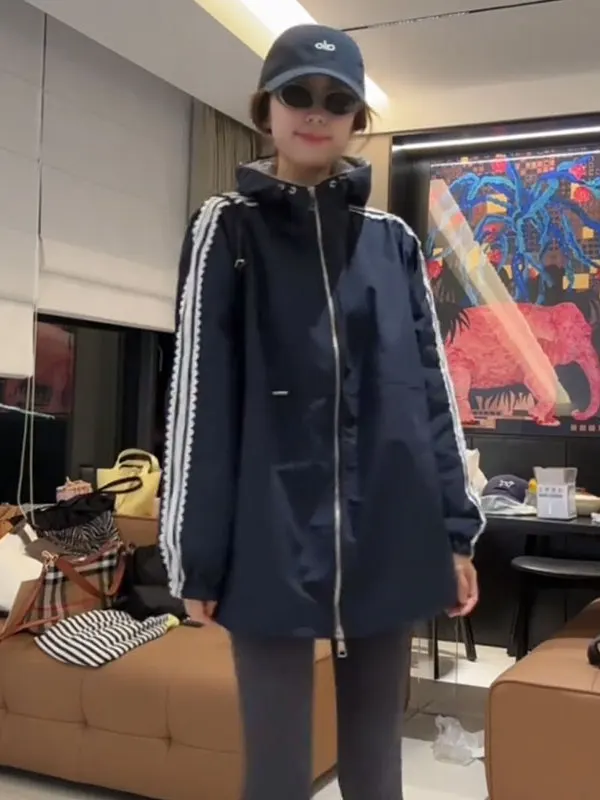 

Korean Style Lace Splice Hooded Jacket Women's Spring New Mid-Length Jacket Top Zipper Closure Long Sleeve Commute Style