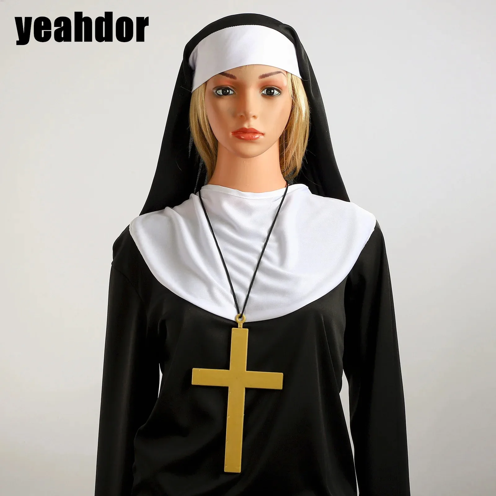 

Womens Nun Costume Suit Halloween Cosplay Wimple Headdress Cross Necklace Fake Collar Gloves And Socks Catholic Sister