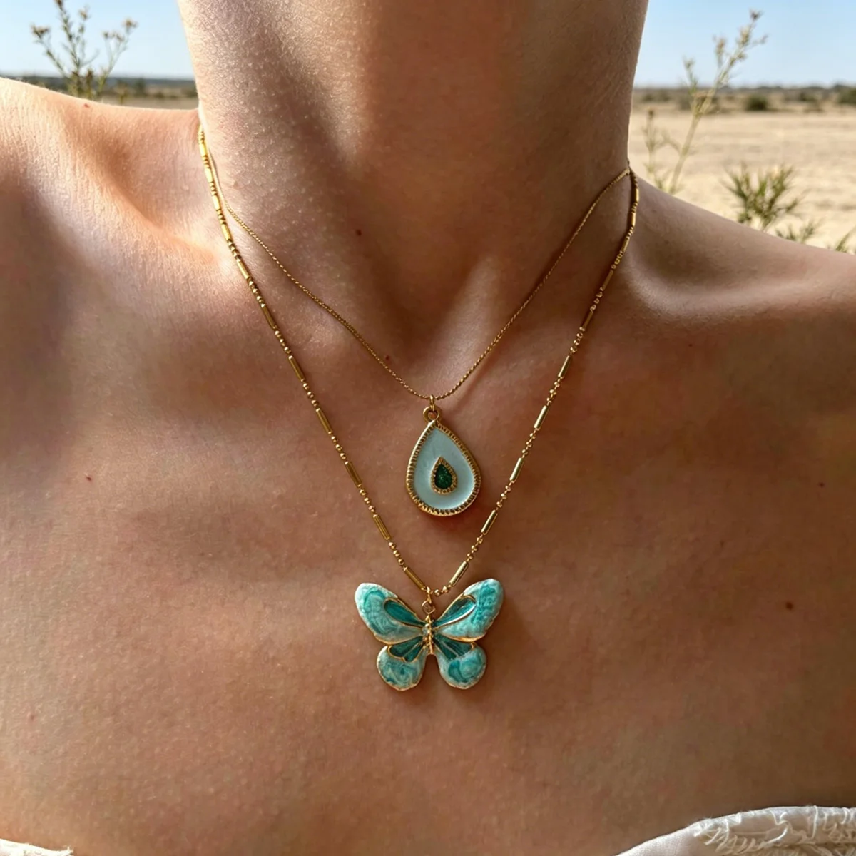 

Boho Style Stainless Steel Enamel Butterfly Teardrop Pendant Necklace 18K Gold Plated Minimalist Fashion Jewelry For Women