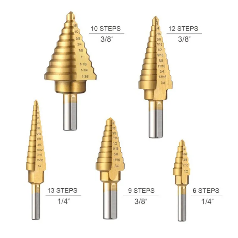 5/6 Pcs Step Drill Bit Titanium Milling Cutter & Automatic Center Punch Saw Drill Bit Set for Woodworking Metal Core Hole Opener