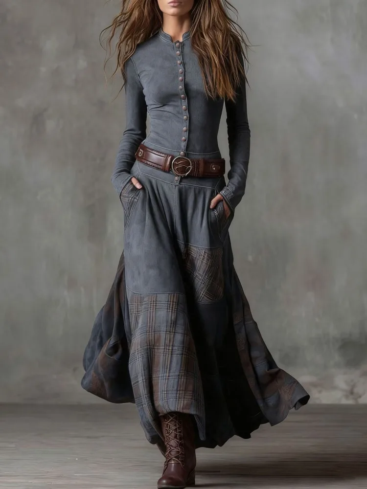 Gaun Maxi Panjang Kancing Motif Kotak-kotak Suede Elegan Wanita Seksi Model A-Line Vintage Lengan Panjang Musim Semi Gugur Dilengkapi Ikat Pinggang