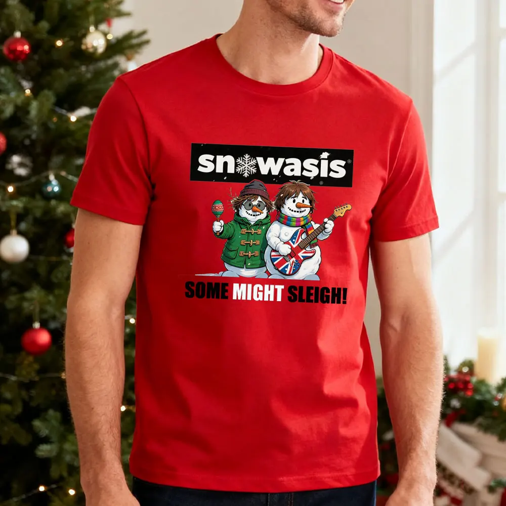 

Забавная рождественская футболка со снежным азисом и музыкой, Some Might Sleigh, снеговик, рок-группа, пародия, праздничные летние женские хлопковые топы, мужская одежда