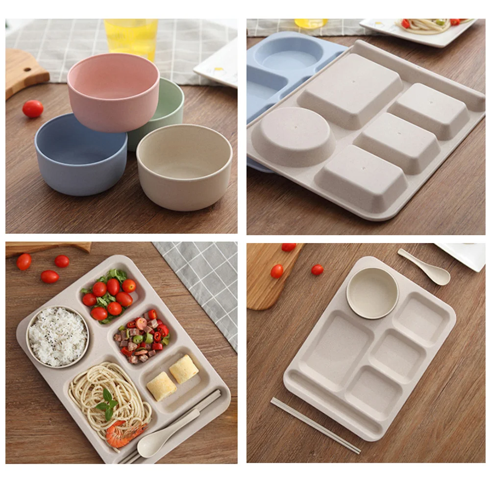1 Drop-Proof Rice Dishes Creative Wheat Straw Bowl Cutlery Set Exquisite Dinner Tray For Separate Plates Beige