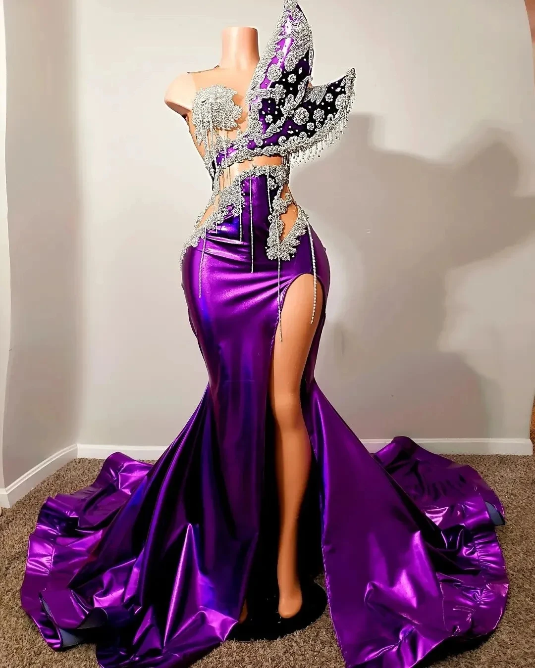 

Purple African Aso Ebi Evening Dresses Mermaid Sheer Appliques Slit Formal Party Gown Prom Dresses For Black Girls Customized