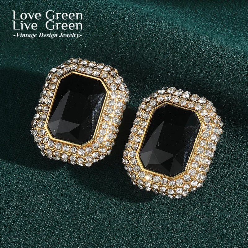 

Vintage Black Crystal Square Stud Earring Gold Color Rhinestone Trendy Jewelry 2025 Unique Designer Fashion For Women Christmas
