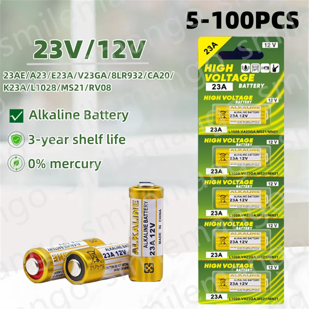 5-100 SZTUK A23 23A 12V Bateria alkaliczna 23GA A23S E23A EL12 MN21 V23GA GP23A MS21 LRV08 Do zdalnego sterowania dzwonkiem do drzwi Zabawka