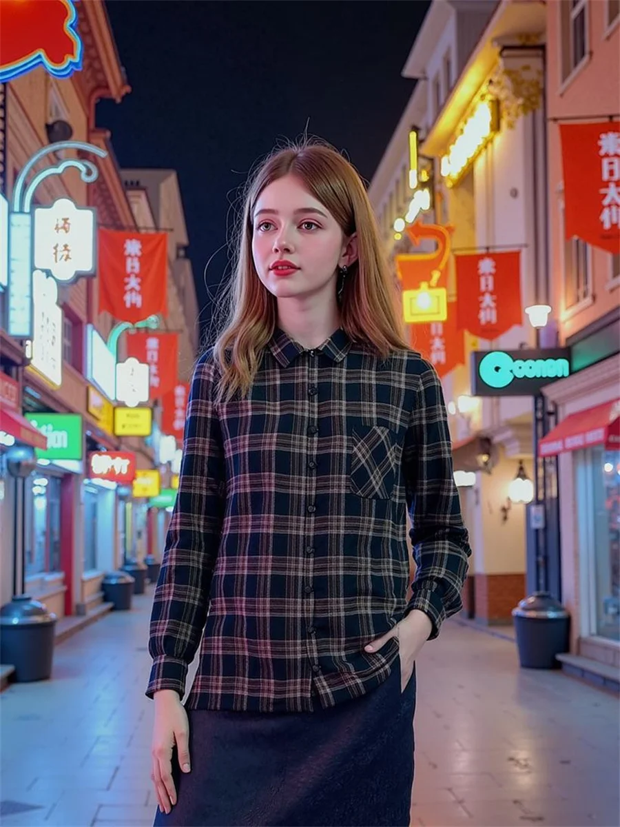 

Shirts Women Plaid Pattern Vintage Aesthetic Loose Fit Korean Style Casual All-match Spring Female Streetwear Students Popular