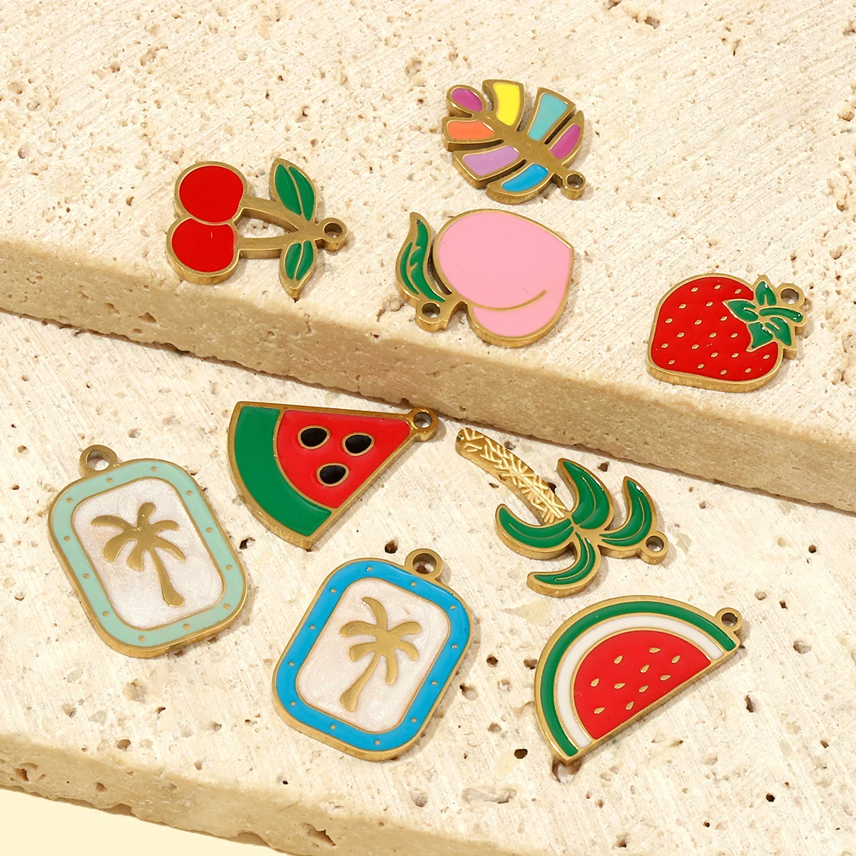 3pcs/Lot Fruit Cherry Enamel Stainless Steel Diy Charms Women Peach Palm Tree Earring Necklace Pendant Watermelon Jewelry