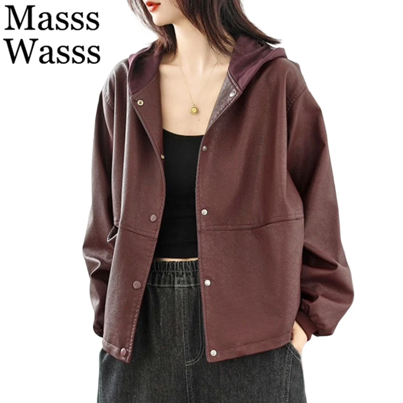 

Куртки из искусственной кожи Masss Wasss 2026: классические однотонные женские весенние винтажные модели с капюшоном, модные свободные повседневные пальто из ПУ для женщин