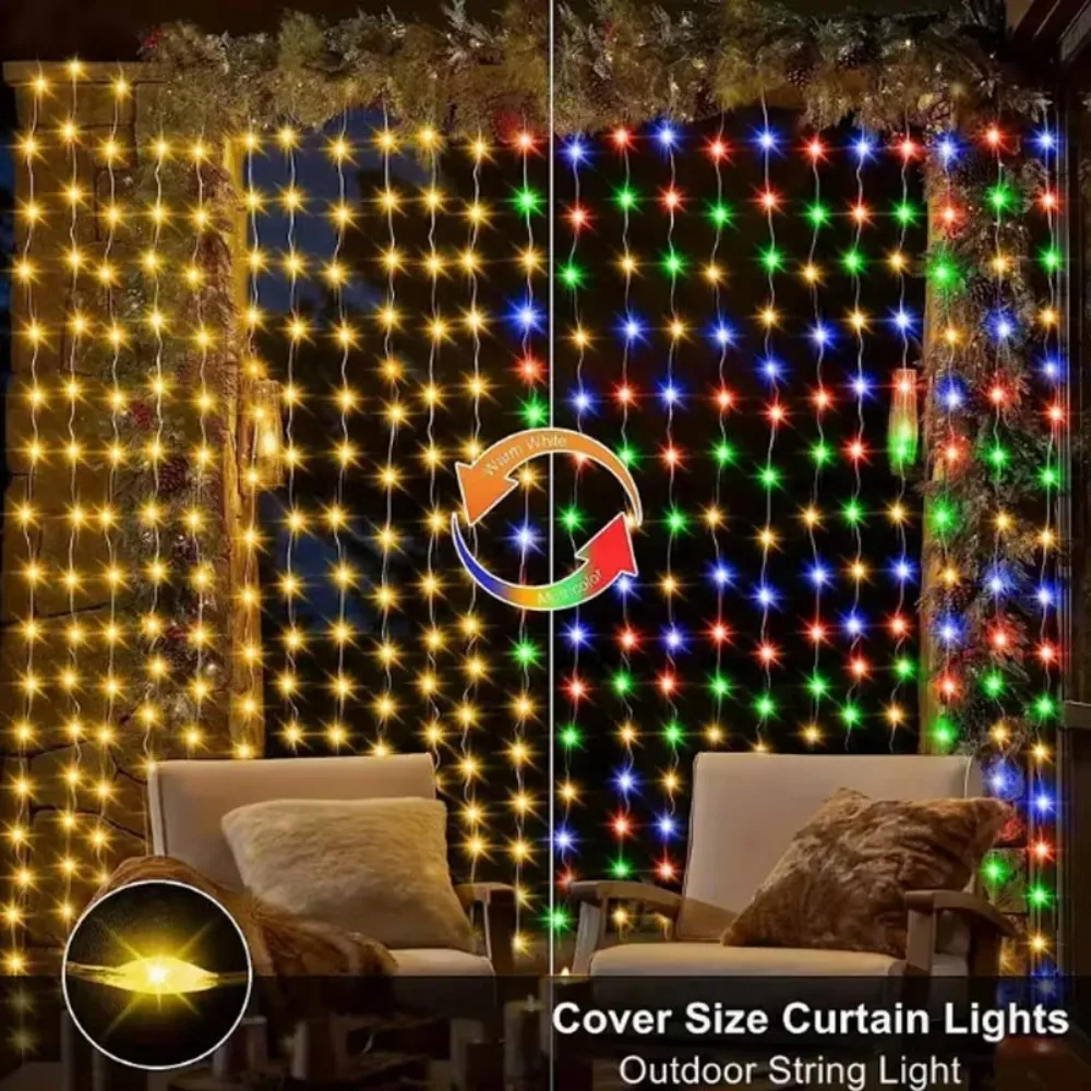 Solar Powered Christmas Curtain Lights 8 Modes IP54 3x1M 3x2M 3x3M for Window Patio Garden Party Holiday Festive Backdrop Decor