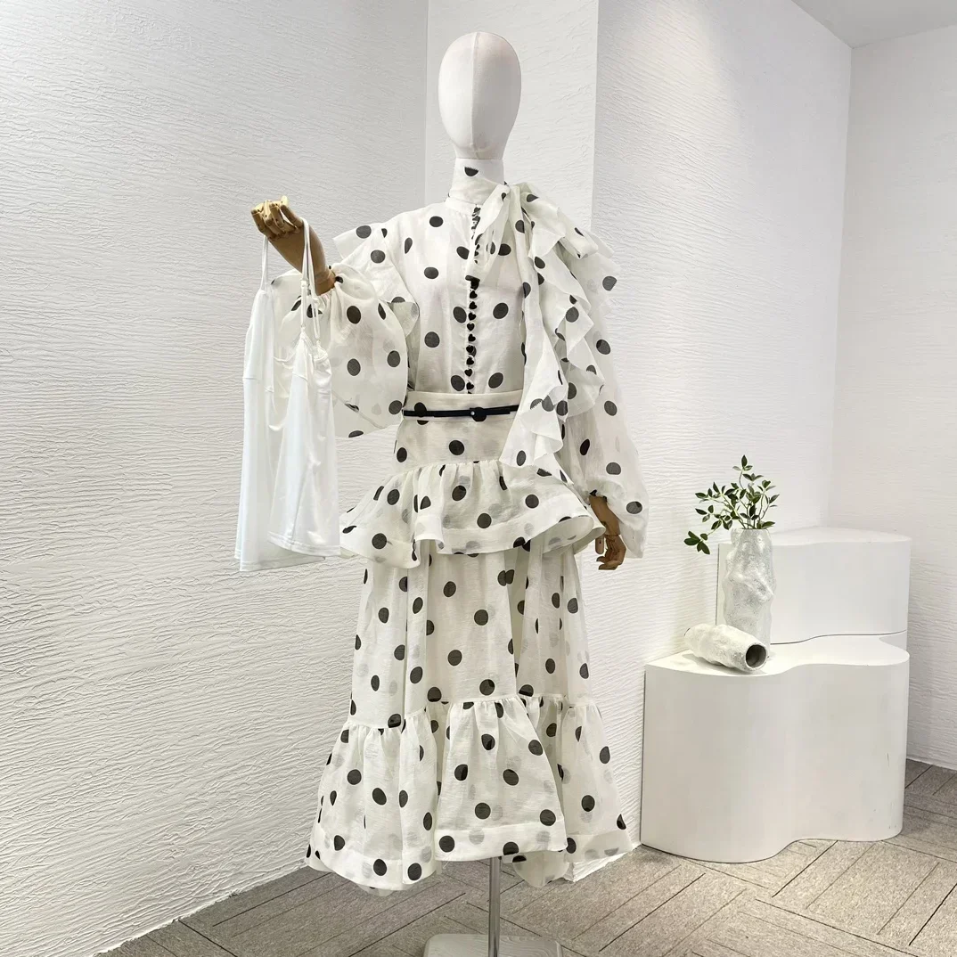 2024 New White Linen Silk High Quality Dot Print Long Sleeve Ruffles Women Blouse Tops and Skirt Set Holiday Outfit