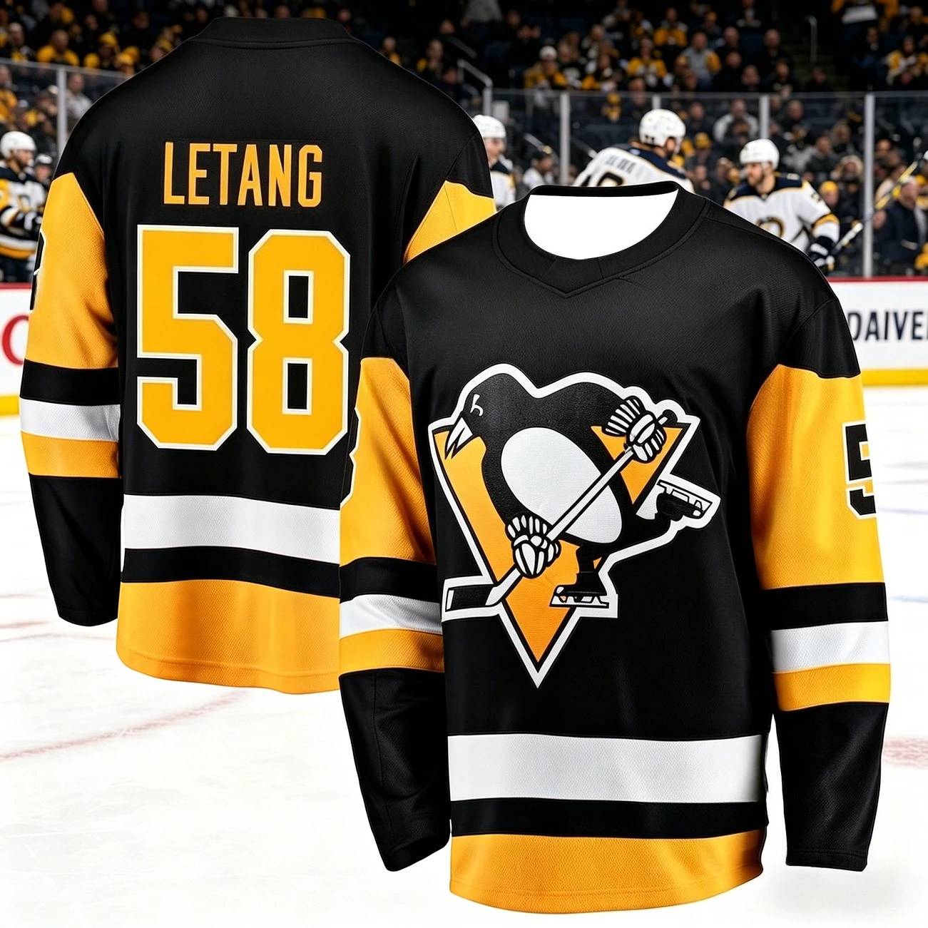 Neues schwarz-gelb-weiß gestreiftes Langarm-Hockey-Oberteil mit Pinguin-Eislaufmuster, V-Ausschnitt, Sporttrikot, Unisex, Back-to-School-Outfit – Detail 6