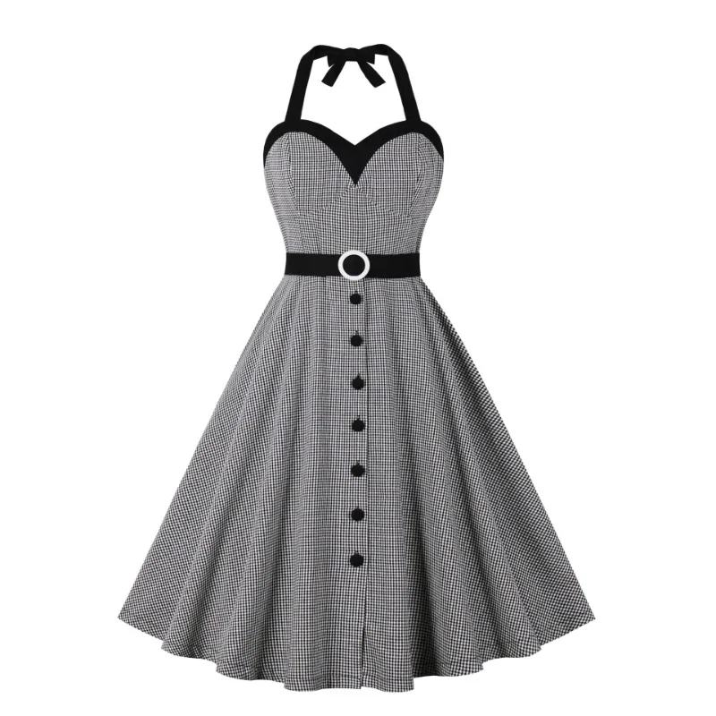 Hepburn-Robe de Soirée Rétro à Simple Boutonnage pour Femme, Vêtement Dos aux, Noir, Blanc, Vichy, Taille Haute, Sexy, Dos aux, Années 50 et 60, Nouvelle Collection 2024