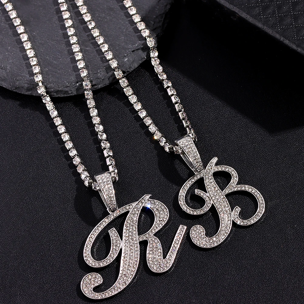 Flatfoosie Iced Out A-Z Cursive Letter Kristall Kette Halskette für Frauen Bling Strass Initial Choker Halskette Hip Hop Schmuck – Detail 8