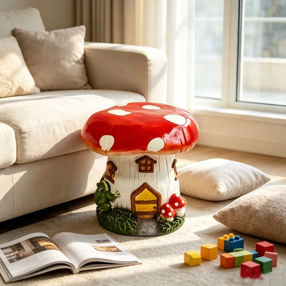 l13.4" Mushroom House Garden Stool, Oversized Resin Sculpture & Fairy Forest Base, Decorative Stool for Home, Courtyard, Lawn, Indoor & Outdoor Spring & Summer Decoration view 3