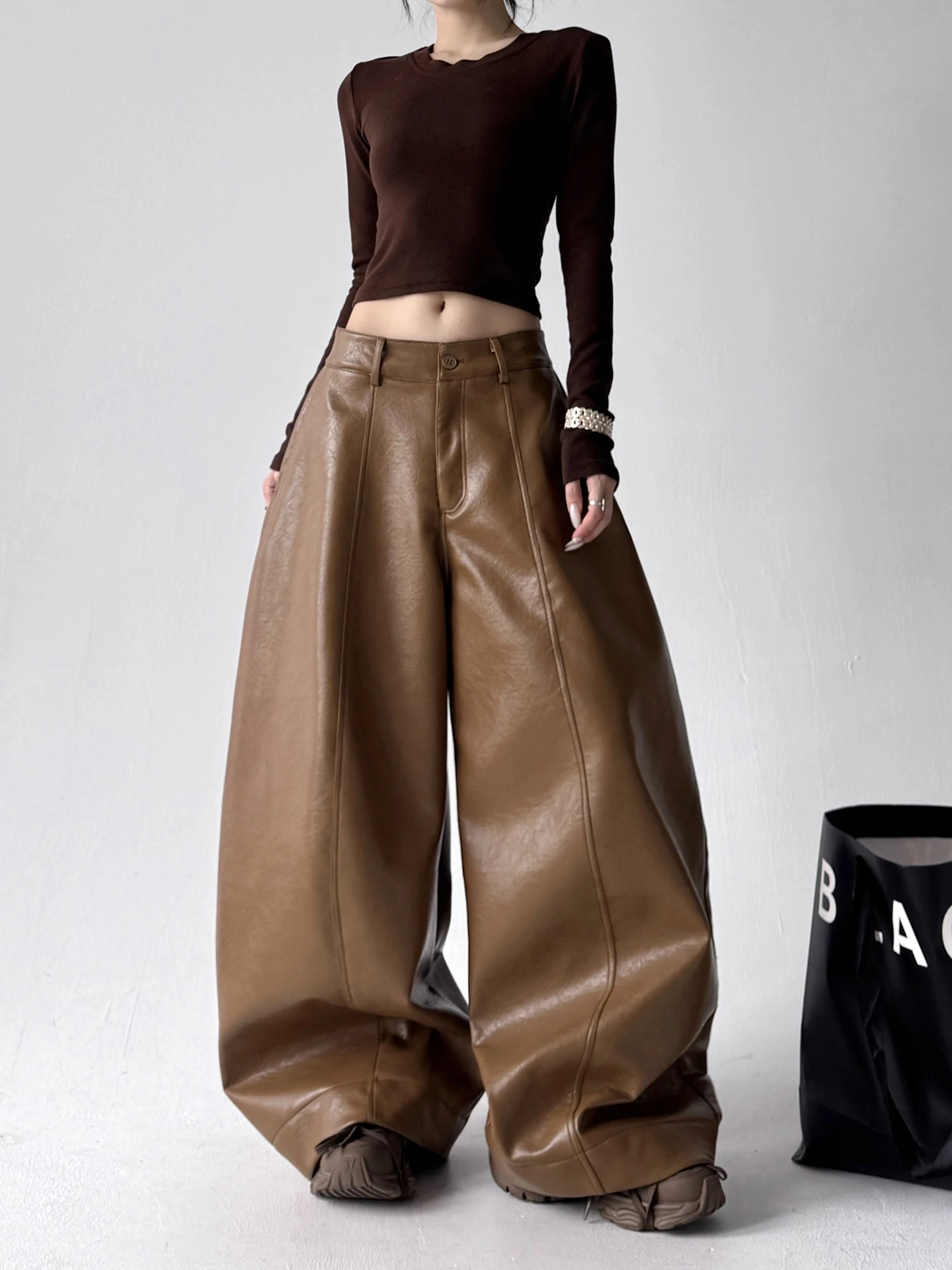 Trendy High Waist PU Leather Casual Pants Women's Original Design Autumn Winter New Sle Slimming Loose Wide Leg Pants
