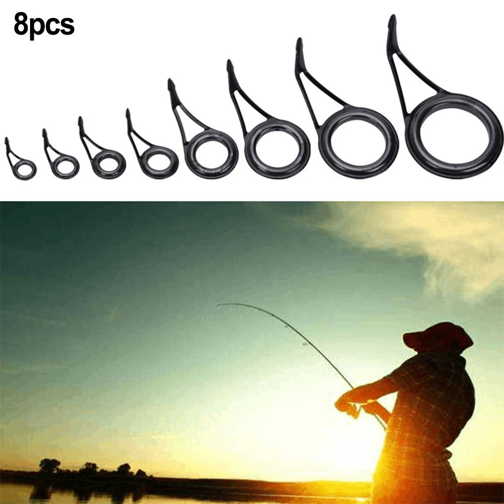 

8 Pcs Fishing Rod Guides Mixed Size Fishing Top Rings Rod Pole Repair Kits Line Guides Eyes Sets Black Replacement Parts